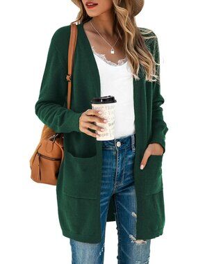 Women's Dark Green Fall Fashion Outfits Pockets Long Sleeve Cardigan Sweaters